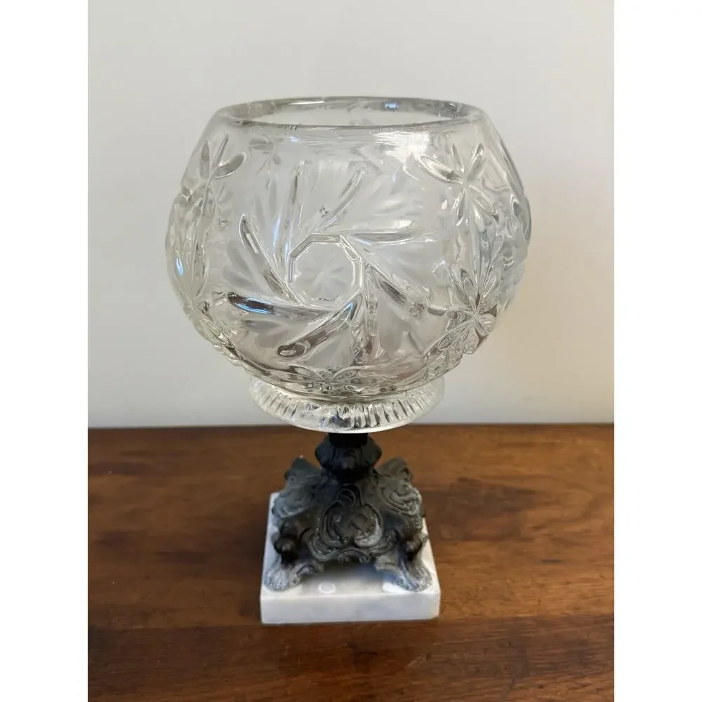 Vintage Hollywood Regency Glass Rose Bowl Compote Marble Pedestal 11